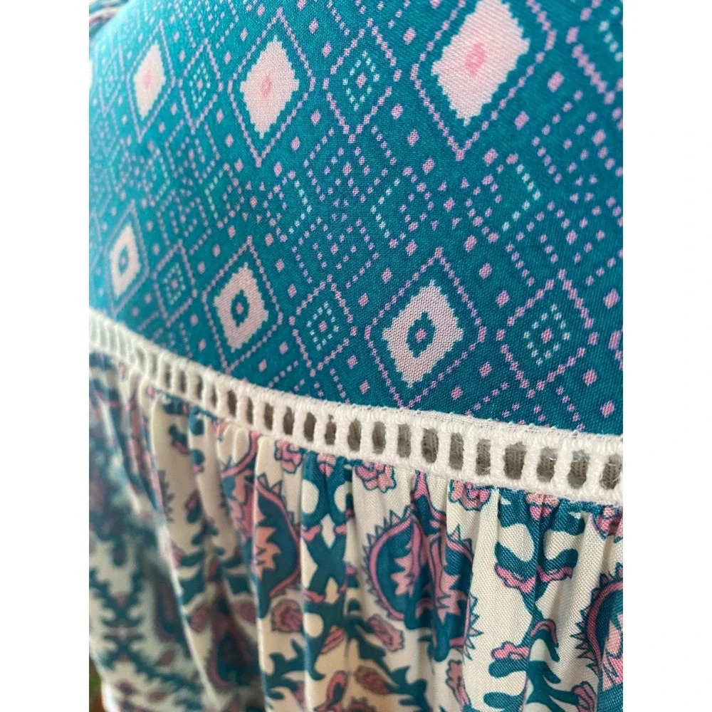 FP TO LOVE Boho Blue Pink Paisley‎ Button Front Tiered Midi Dress SZ M